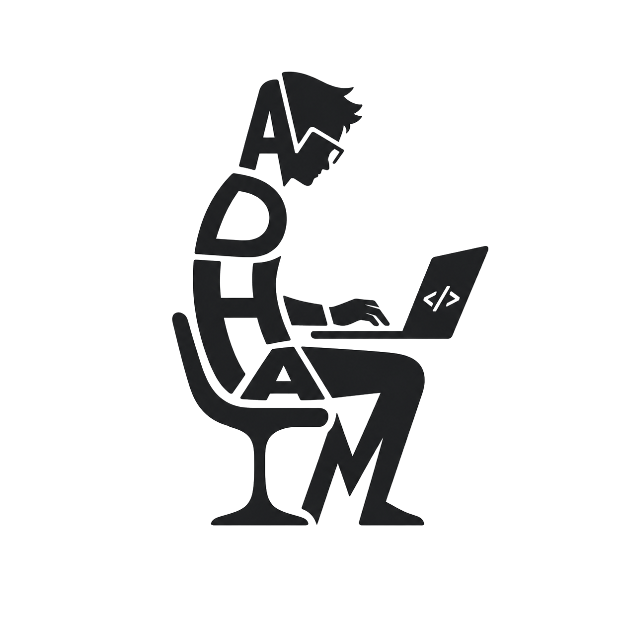 ADHAM logo — developer at a laptop formed from the letters A, D, H, A, M