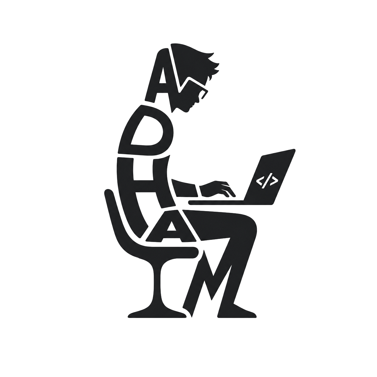 ADHAM logo — developer at a laptop formed from the letters A, D, H, A, M